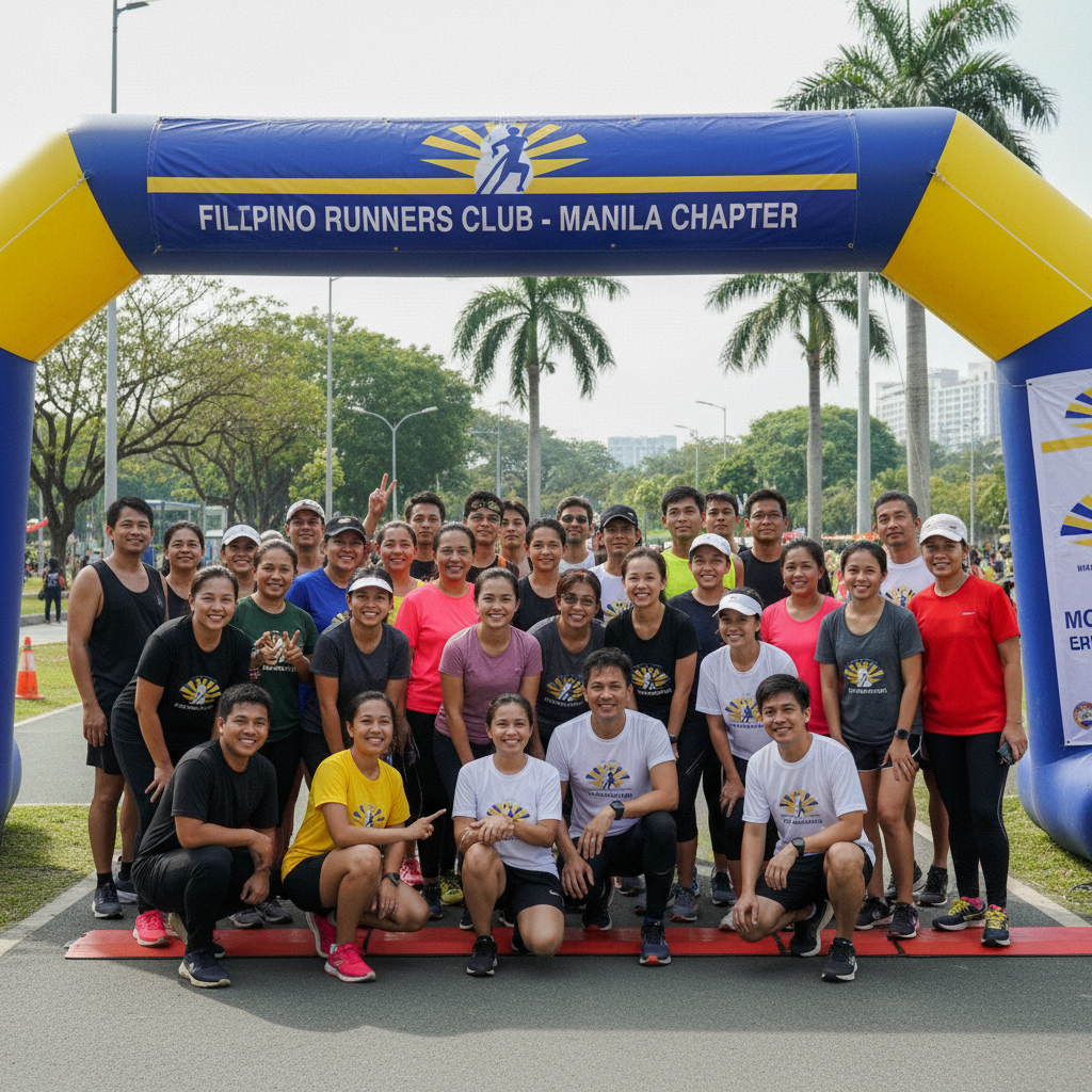 A diverse group of Filipino runners stretching together in a park, representing local running clubs in Manila.
