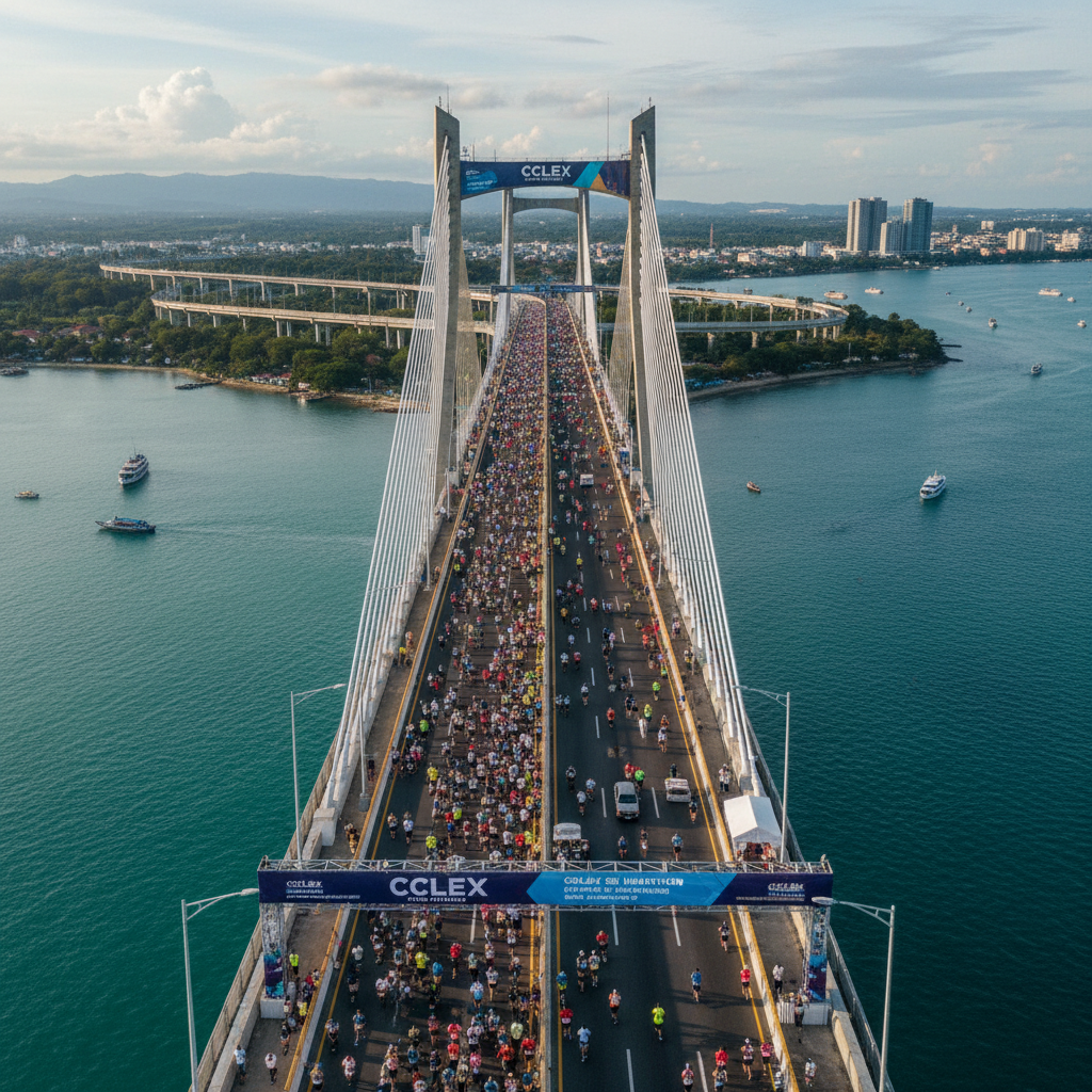 A runner stretching after completing a marathon in Cebu.