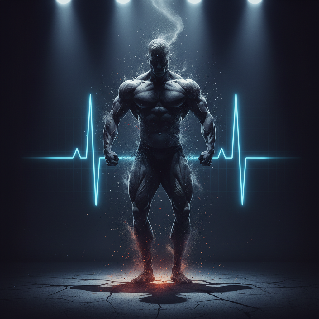A serious-looking bodybuilder posing in a dark gym, highlighting the topic of bodybuilding health risks and mortality.