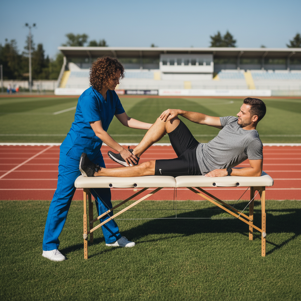 A physical therapist assisting a runner with knee exercises in a clinic