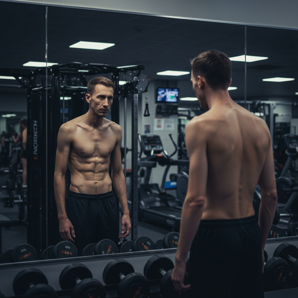 A Filipino hardgainer looking frustrated in the gym mirror.