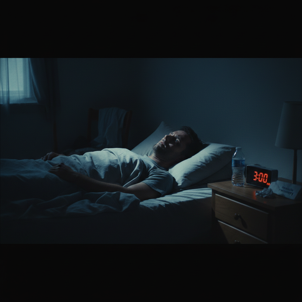 A person sleeping soundly in a dark room, emphasizing recovery.